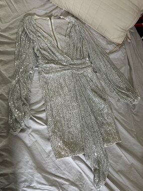 Fashion Nova Silver Sequin Mini Wrap Dress